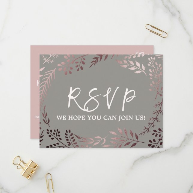 Elegant Rose Gold & Grey Menu Choice RSVP Postcard (Front/Back In Situ)