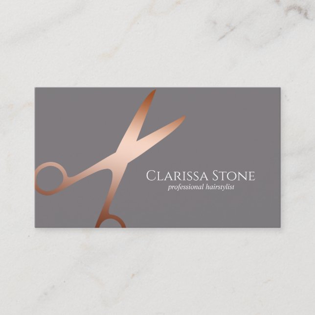 Elegant rose gold & grey scissors hairstylist business card (Front)