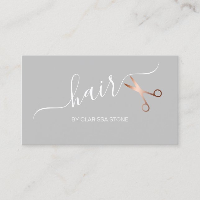 Elegant rose gold & grey scissors hairstylist business card (Front)