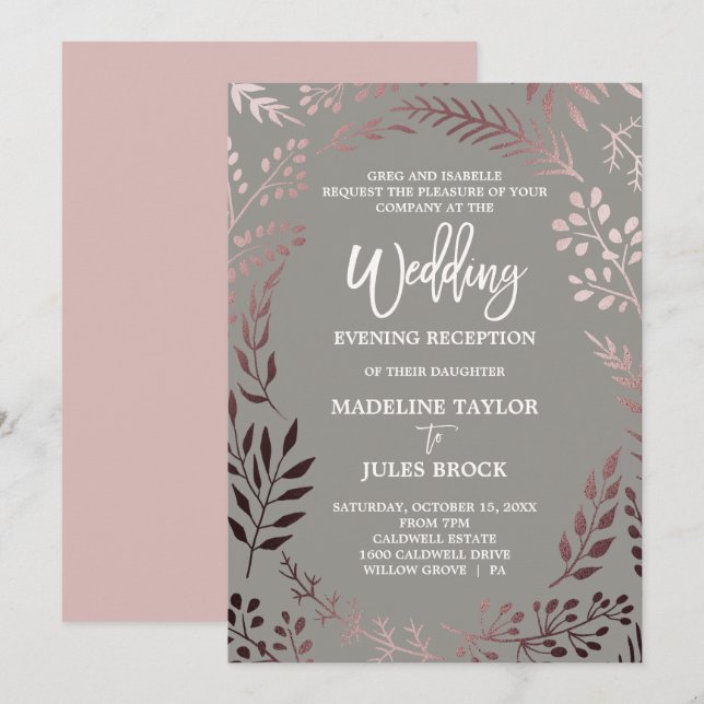 Elegant Rose Gold & Grey Wedding Evening Reception Invitation (Front/Back)