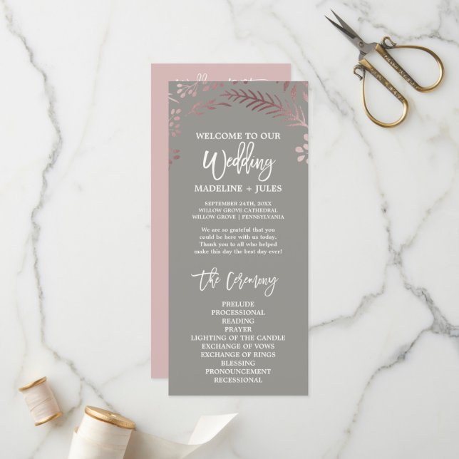 Elegant Rose Gold & Grey Wedding Program Programme (Front/Back In Situ)