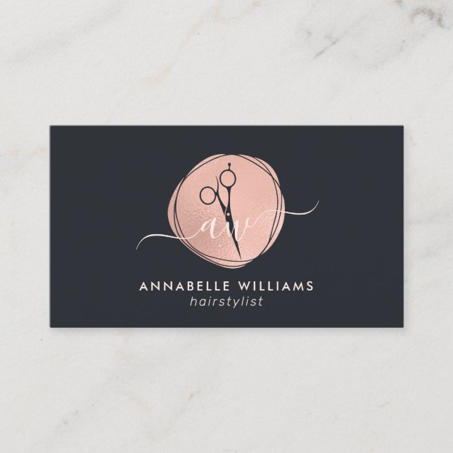 Elegant Rose Gold Hairstylist Logo Business Card (Front)