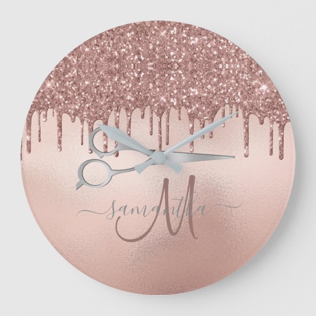 Elegant Rose Gold Hairstylist Scissor Monogrammed Large Clock (Front)