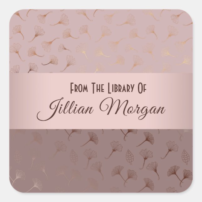 Elegant Rose Gold Hand Drawn Floral Bookplate Square Sticker (Front)