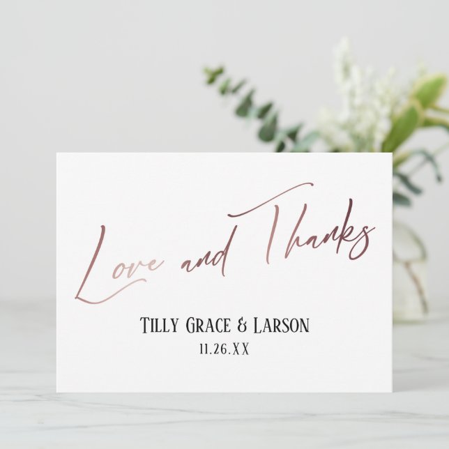 Elegant Rose Gold Handwriting Love and Thanks Thank You Card (Standing Front)