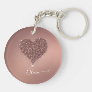 Elegant Rose Gold Heart Glittery Acrylic Keychain