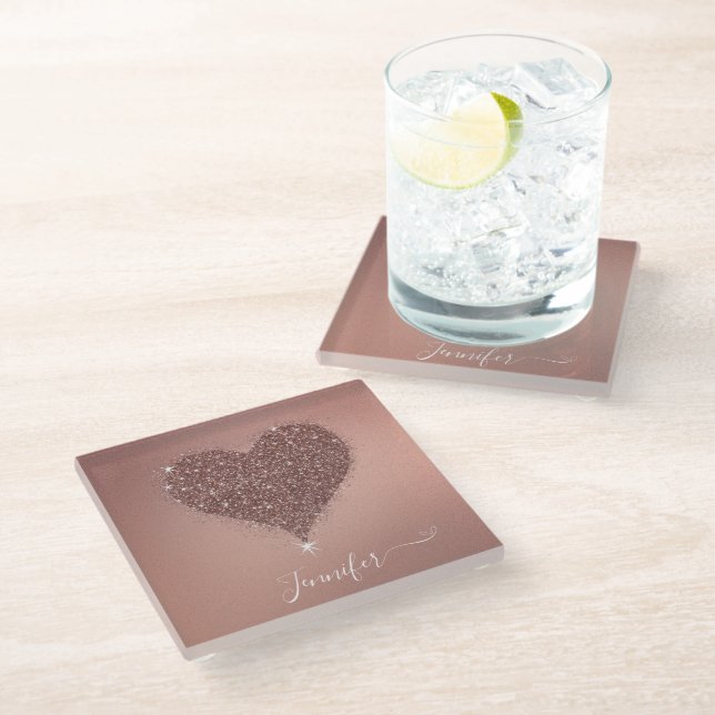 Elegant Rose Gold Heart Glittery   Glass Coaster (Angled)