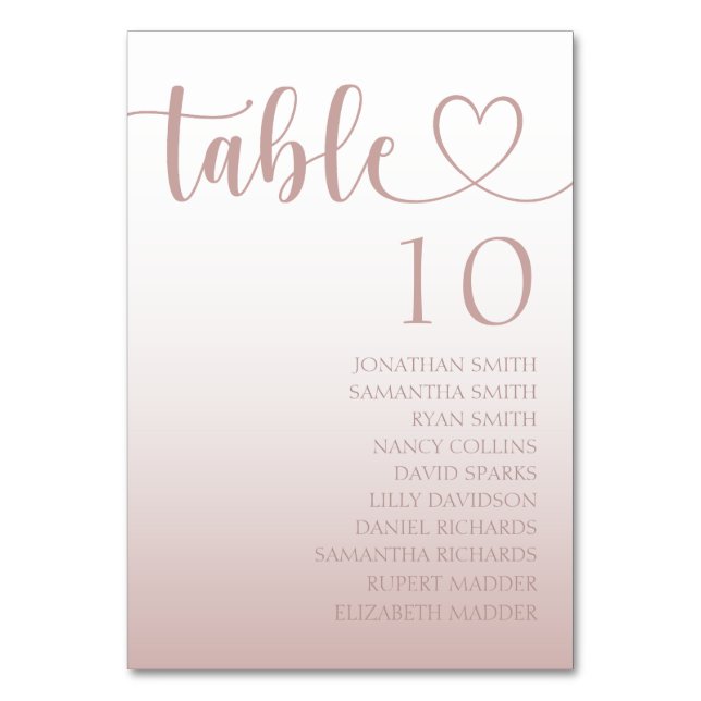 Elegant Rose Gold Heart Gradient Wedding   Table Number (Front)