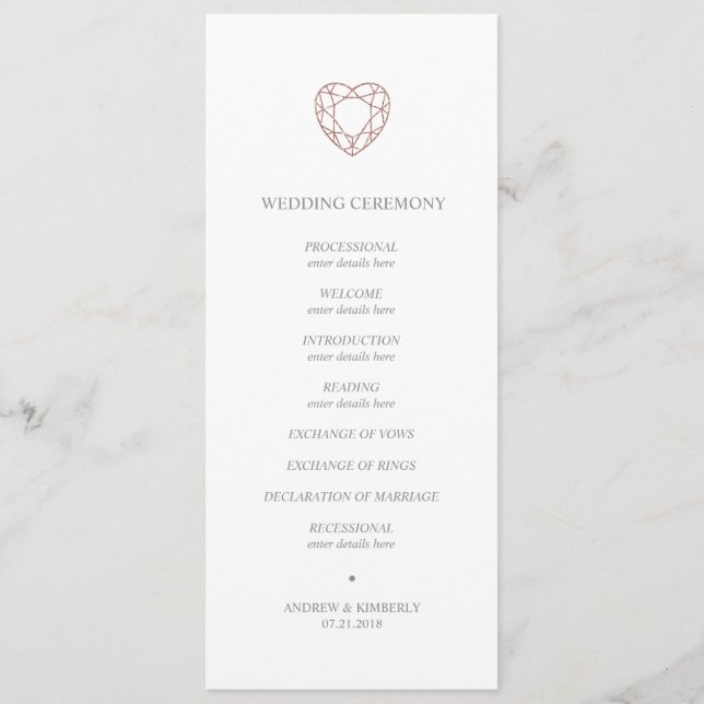 Elegant rose gold heart wedding program programme (Front)
