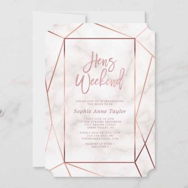Elegant Rose Gold Hens Weekend Bachelorette Party Invitation (Front)