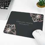 Elegant Rose Gold Hibiscus Flower Mouse Mat<br><div class="desc">Island chic personalized mousepad for your business or home office features two lines of custom text in classic white lettering,  on a soft black background adorned with two tropical hibiscus flower illustrations in faux rose gold foil for a beach glam look.</div>