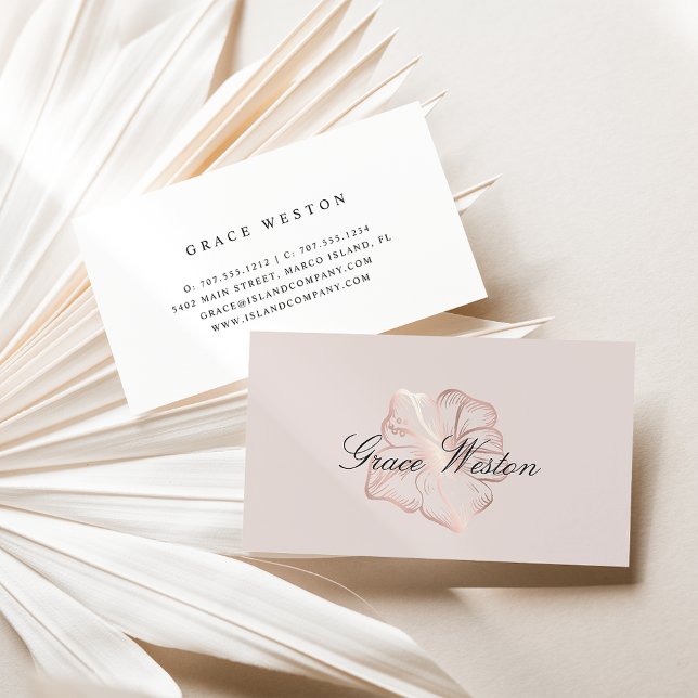 Elegant Rose Gold Hibiscus Flower Script Business Card (Creator Uploaded)