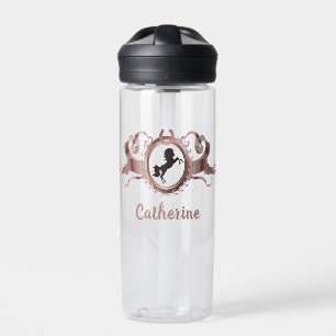 Elegant Rose Gold Horse Ribbon Crest Name Water Bottle