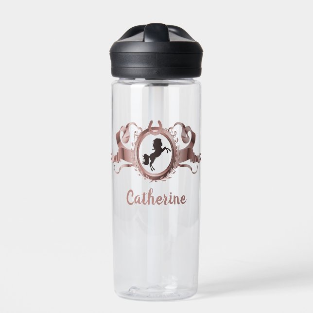 Elegant Rose Gold Horse Ribbon Crest Name Water Bottle (Front)