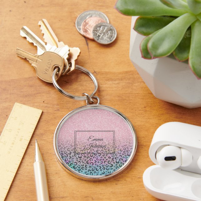 Elegant Rose Gold Iridescent Glitter Leopard Print Key Ring (Desk)