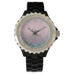 Elegant Rose Gold Iridescent Glitter Leopard Print Watch