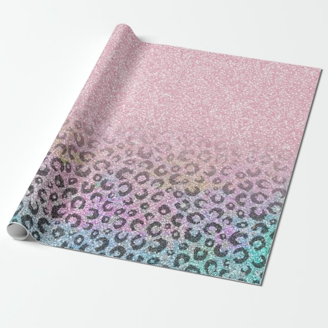 Elegant Rose Gold Iridescent Glitter Leopard Print Wrapping Paper (Unrolled)