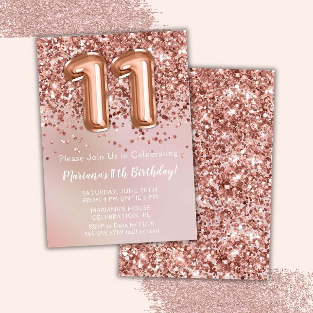 Elegant Rose Gold Kids Girl 11th Birthday Party Invitation (Creator Uploaded)