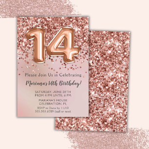 Elegant Rose Gold Kids Girl 14th Birthday Party In Invitation
