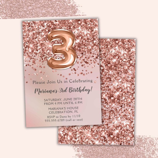 Elegant Rose Gold Kids Girl 3rd Birthday Party Inv Invitation (Creator Uploaded)