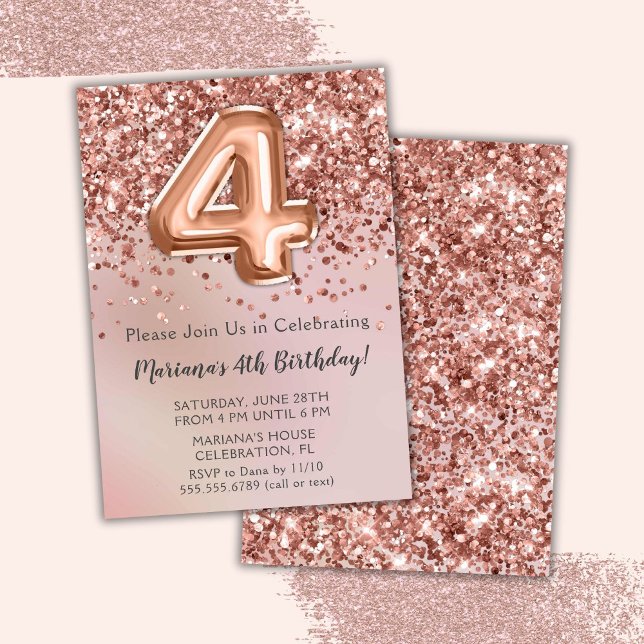 Elegant Rose Gold Kids Girl 4th Birthday Party Inv Invitation (Creator Uploaded)