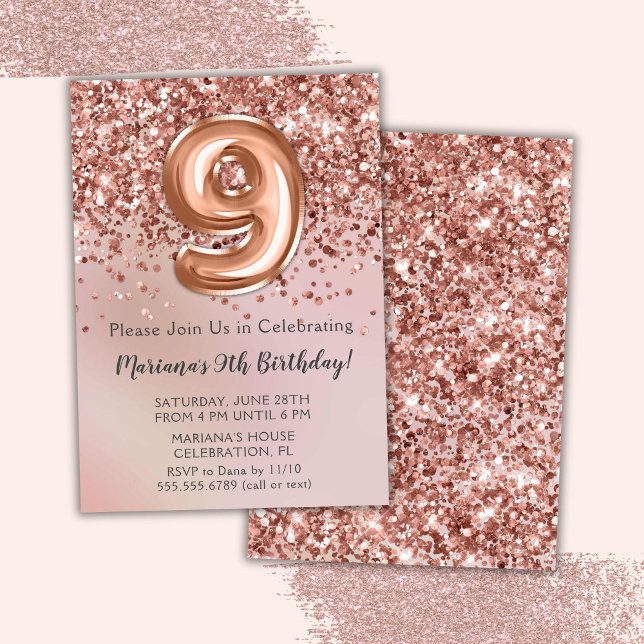 Elegant Rose Gold Kids Girl 9th Birthday Party Inv Invitation (Creator Uploaded)