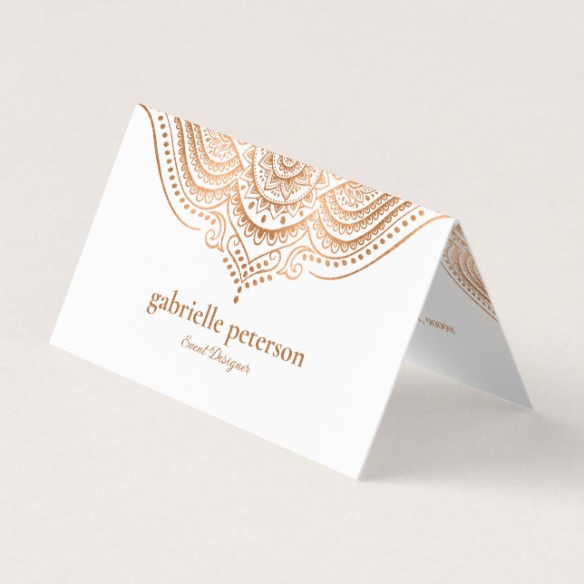 Elegant Rose-Gold Lace Paisley Mandala Business Card (Front)