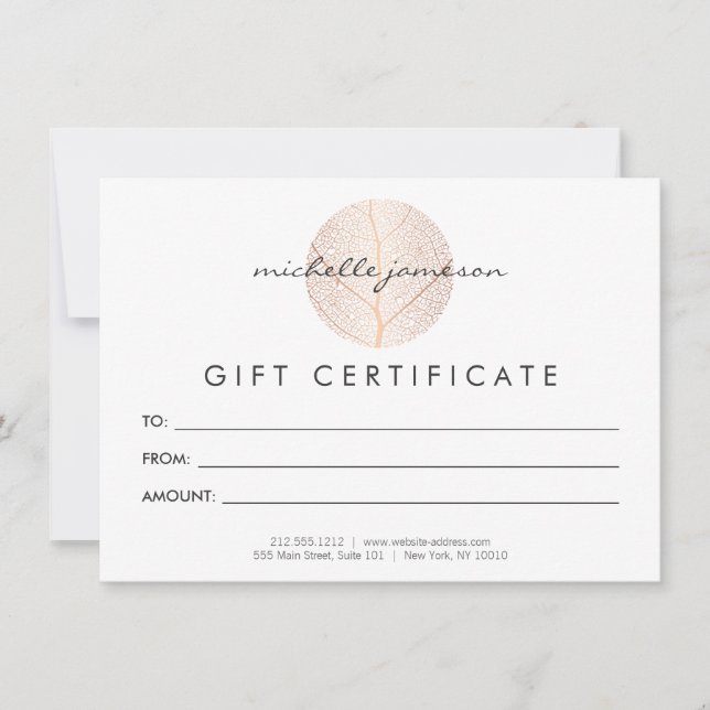 Elegant Rose Gold Leaf Logo Gift Certificate (Front)
