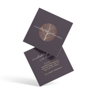 Elegant Rose Gold Leaf Logo on Purple Square Business Card