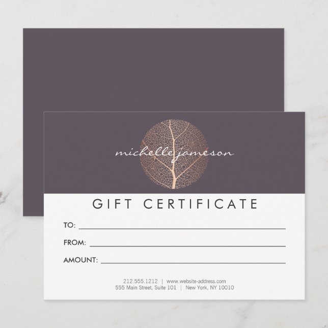 Elegant Rose Gold Leaf Purple Gift Certificate (Front/Back)