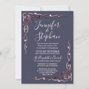 Elegant Rose Gold Leafy Vines Navy Blue Wedding Invitation