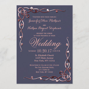 Elegant Rose Gold Leafy Vines on Navy Blue Invitation