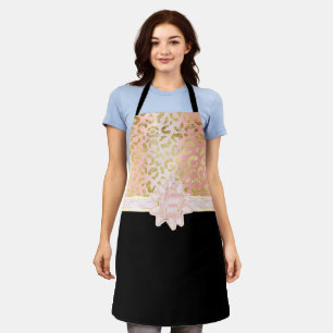 Elegant Rose Gold Leopard Pink Ribbon Black Apron
