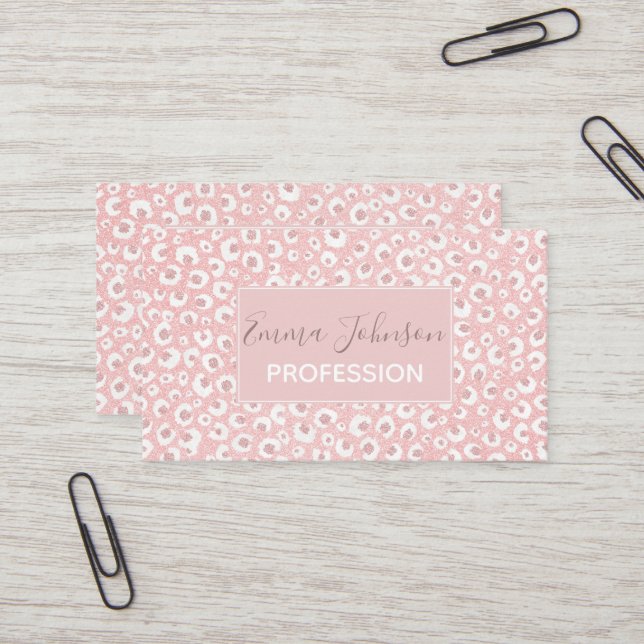 Elegant Rose Gold Leopard Print White Pattern Business Card (Front/Back In Situ)