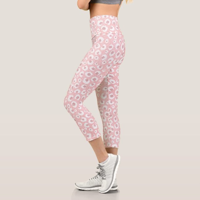 Elegant Rose Gold Leopard Print White Pattern Capri Leggings (Left)