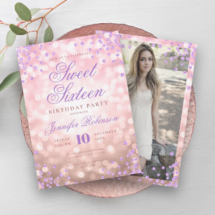 Elegant Rose Gold Lights Purple Photo Sweet 16 Invitation
