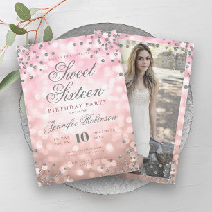 Elegant Rose Gold Lights Silver Photo Sweet 16   Invitation
