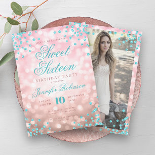 Elegant Rose Gold Lights Turquoise Sweet 16   Invitation