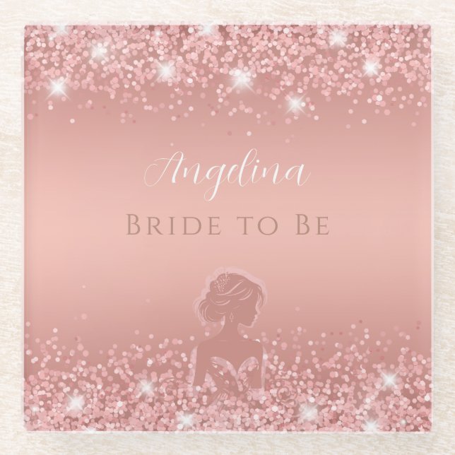 Elegant Rose Gold Luxe Shimmer Bridal Shower  Glass Coaster (Front)