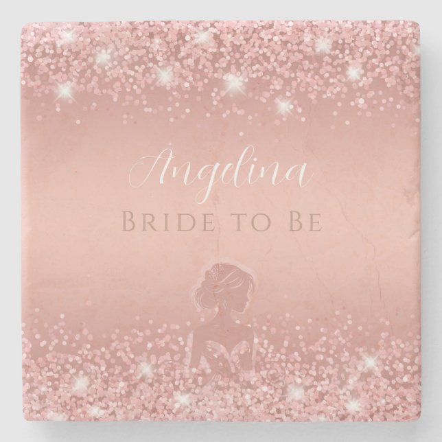 Elegant Rose Gold Luxe Shimmer Bridal Shower Stone Coaster (Front)