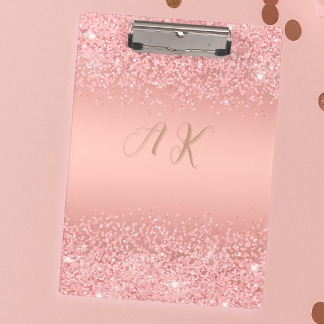 Elegant Rose Gold Luxe Shimmer Monogram  Clipboard (Functional meets glamorous with blush pink sparkle and timeless monogram charm.)