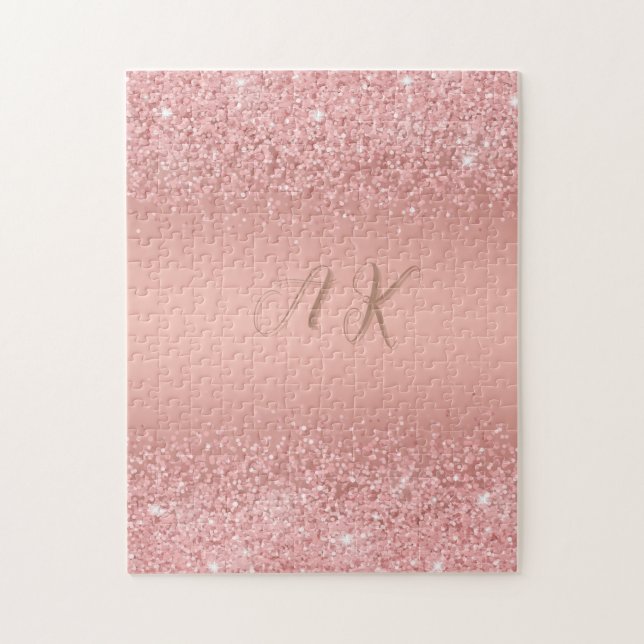 Elegant Rose Gold Luxe Shimmer Monogram Jigsaw Puzzle (Vertical)