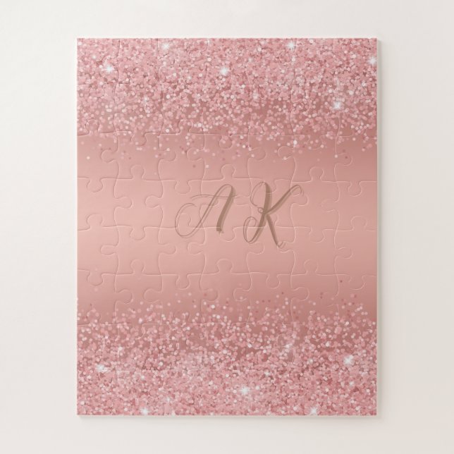 Elegant Rose Gold Luxe Shimmer Monogram Jigsaw Puzzle (Vertical)