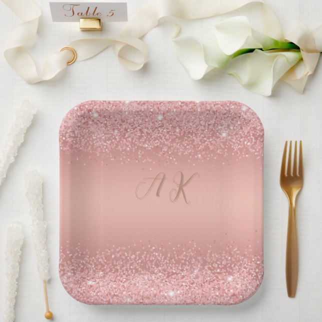 Elegant Rose Gold Luxe Shimmer Monogram Paper Plate (Wedding)