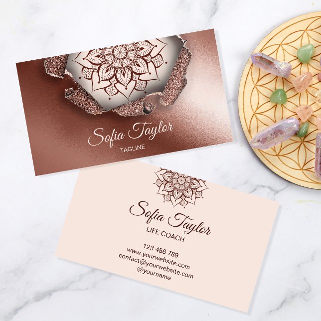 elegant rose gold mandala with glitter torn paper business card (Creator Uploaded)