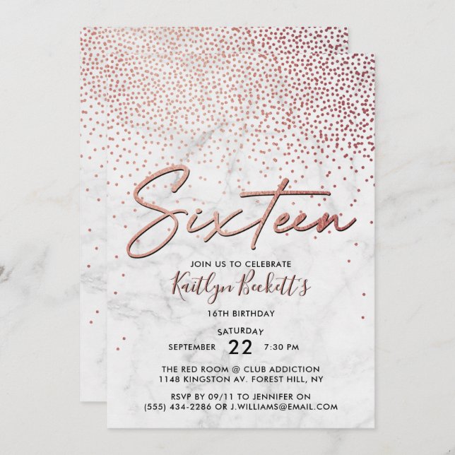 Elegant Rose Gold & Marble 16th Birthday Invitation (Front/Back)
