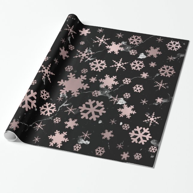Elegant Rose Gold & Marble Christmas Snowflakes Wrapping Paper (Unrolled)