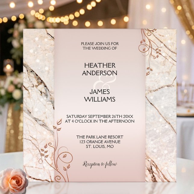 Elegant Rose Gold Marble Floral Wedding Invitation (Wedding invitation featuring rose gold floral swirls on pink marble with elegant  light sparkles)