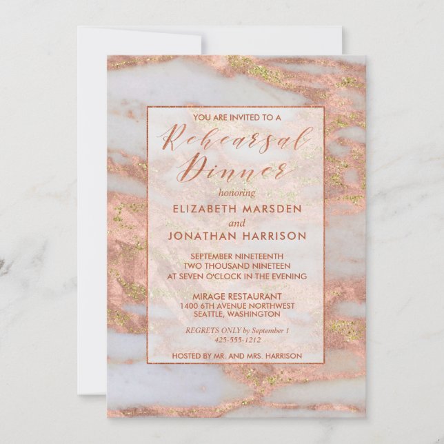 Elegant Rose Gold Marble Glitter Rehearsal Dinner Invitation (Front)