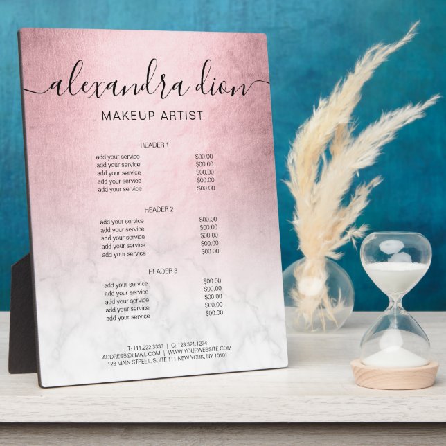 Elegant rose gold marble makeup artist services plaque (Side)